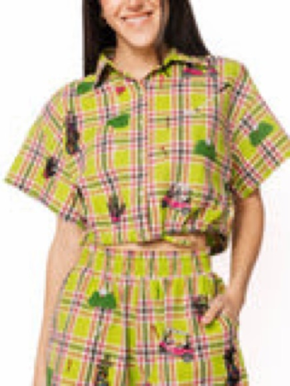 QUEEN OF SPARKLES Lime Green and Pink Golf Plaid Two-Piece Short Set
